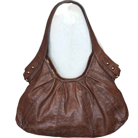 Fossil Handbags - Fossil Soft Leather Bohemian Embossed Brown Shoulder Hobo Bag Purse